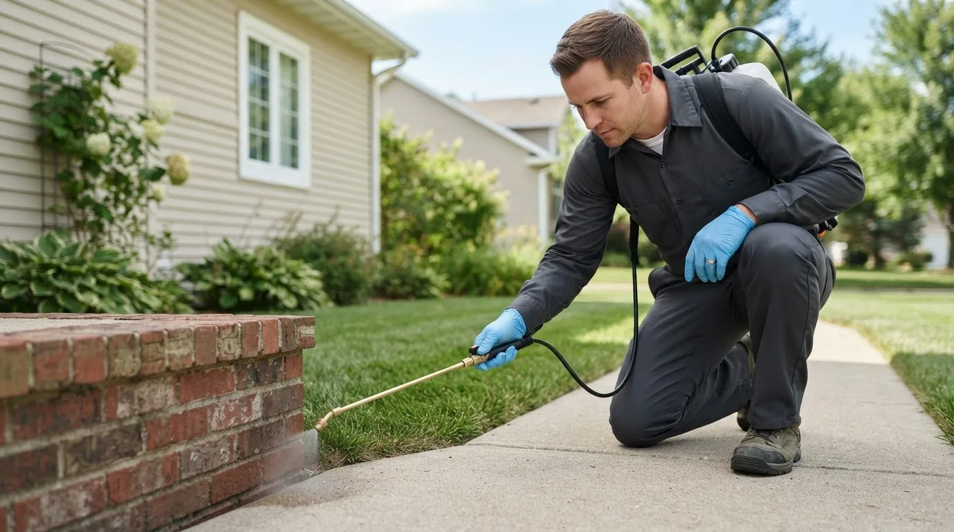 Pest control technician treating a home near Marcus, IA